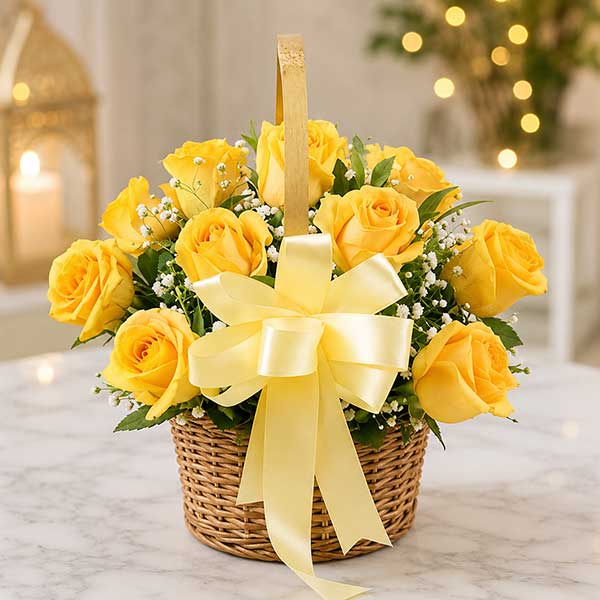 Bright 12 Yellow Roses Basket - Midnight Delivery