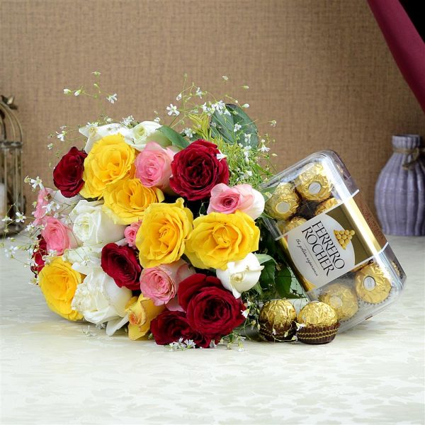 18 Mixed Roses with Ferrero Rocher