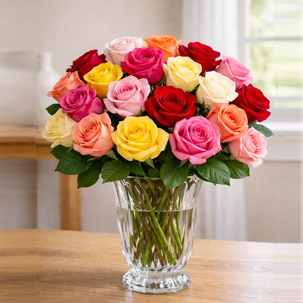 24 Multicoloured Roses Vase – Midnight Delivery