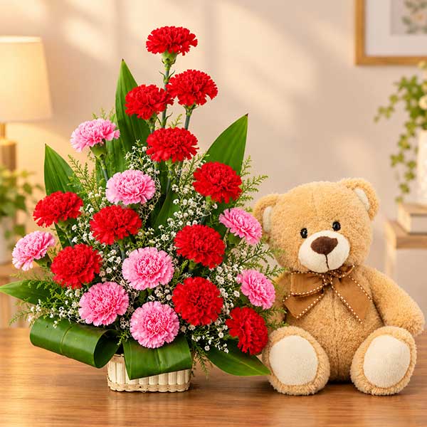 Classic Carnation Basket with Teddy