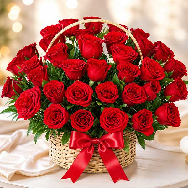 Amazing 50 Red Roses Basket – Midnight Delivery