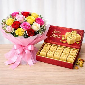 Mixed Roses with Soan Papdi Midnight Gift