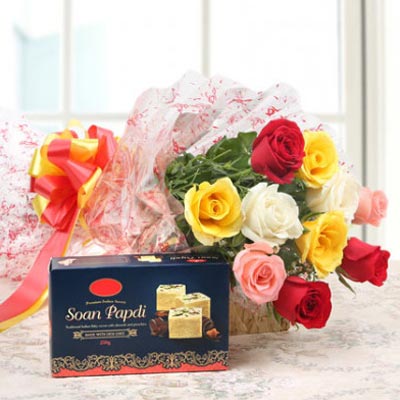 Mixed Roses with Soan Papdi -Midnight Gift