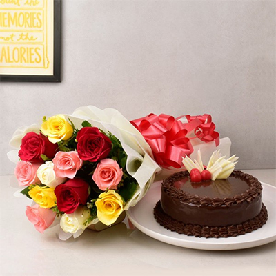Assorted Roses with Eggless Chocolate Cake for Midnight