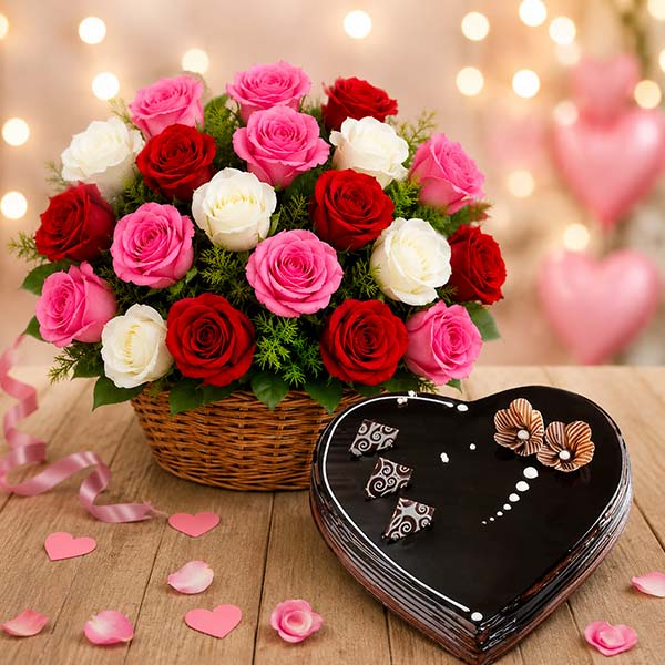 Fresh Roses with Cake for Midnight