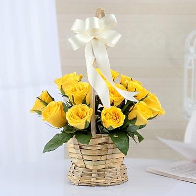 12 Bright Yellow Roses Basket - Midnight Delivery