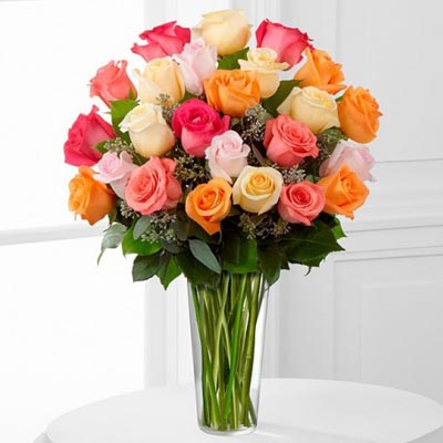 24 Multicoloured Roses Vase - Midnight Delivery