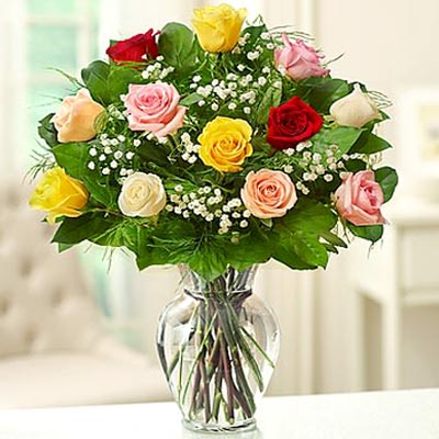 Fresh 18 Mixed Roses Vase - Midnight Delivery