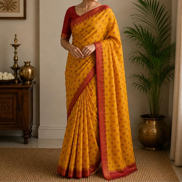 Crushed Silk Designer Yellow Saree