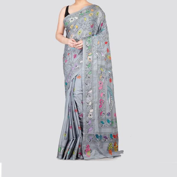 Grey Kantha Stitch Silk Saree