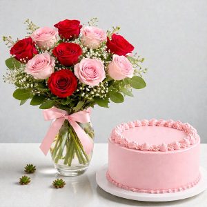 Rose Vase with Strawberry Cake