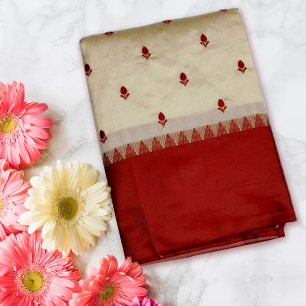 Silk Saree with Red Border and Resham Work