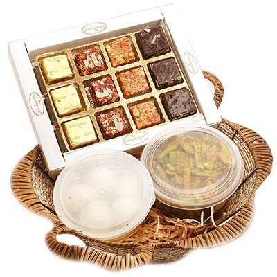 Golden Basket of Assorted Bites Rasgulla and Palak Chips