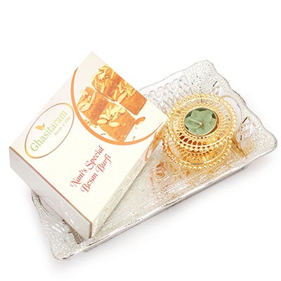 Rectangle Silver Small Tray with Besan Barfi and 2 T-Lites