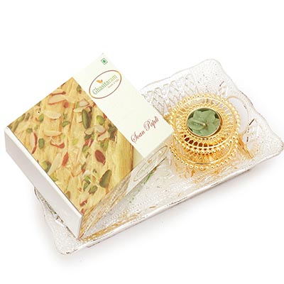 Rectangle Silver Small Tray with Soan Papdi and 2 T-Lites