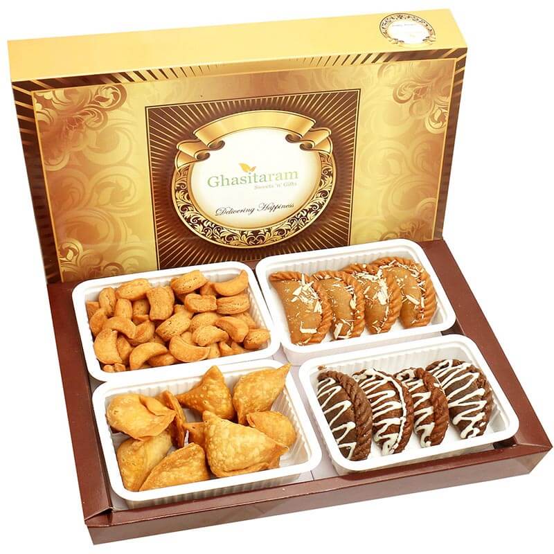 Holi Sweet Big Box Of Gujiya, Chocolate Gujiya, Mini Namkeen and Farsan Samosas