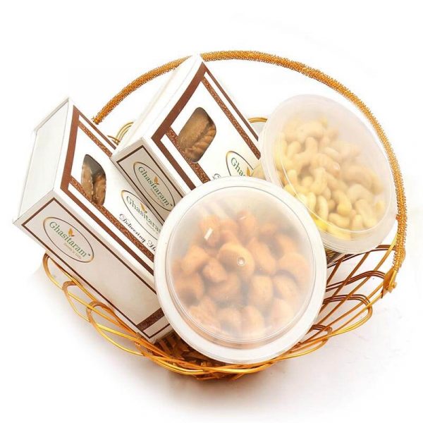 Golden Metal Basket of Gujiya Kaju Biscuits, Mini Namkeen Gujiyas
