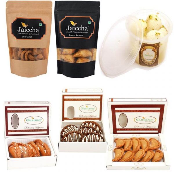 Holi Sweets Holi Hampers Best of 6 Traditional Gujiyas; Chocolate Gujiya, Dry Sweet Gujiya; Mini Gujiya Namkeen Pouch; Farsaan Samosa Pouch and a Rasgulla Pack