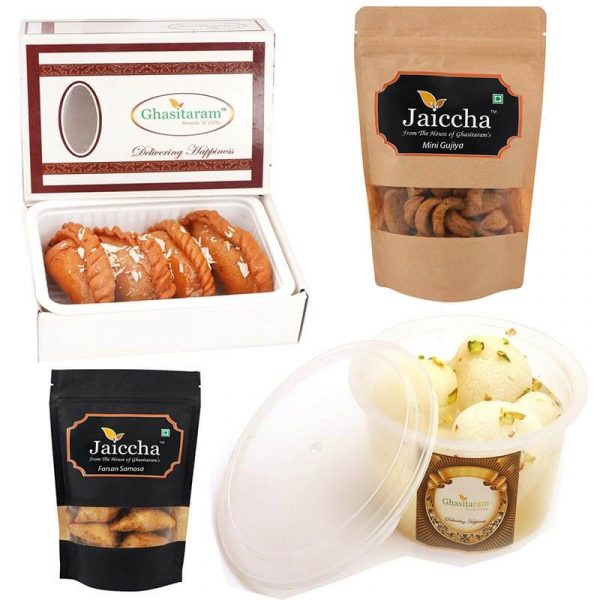 Holi Sweets Holi Hampers Best of 4- Traditional Gujiyas; Mini Namkeen Gujiya Pouch; Farsaan Samosa Pouch, and a Rasgulla Pack