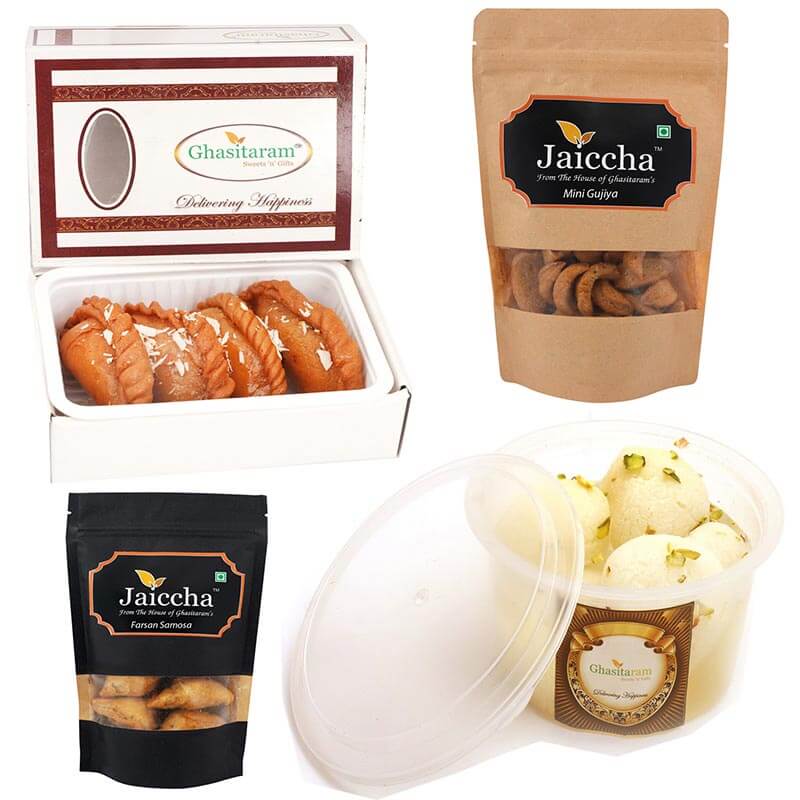 Holi Sweets Holi Hampers Best of 4- Traditional Gujiyas; Mini Namkeen Gujiya Pouch; Farsaan Samosa Pouch, and a Rasgulla Pack.