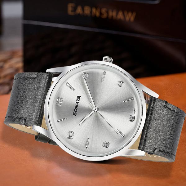 Sonata Quartz Analog Silver Dial Black Leather Strap Watch for Men