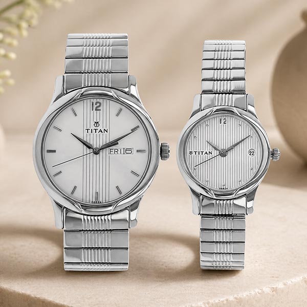 Elegant Silver Dial Pair Watch with Day Date