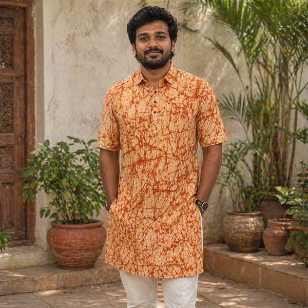 Yellow Batik Half Sleeve Punjabi Kurta