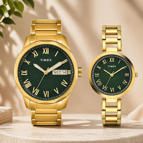 TIMEX Round Green Dial Pair Watch