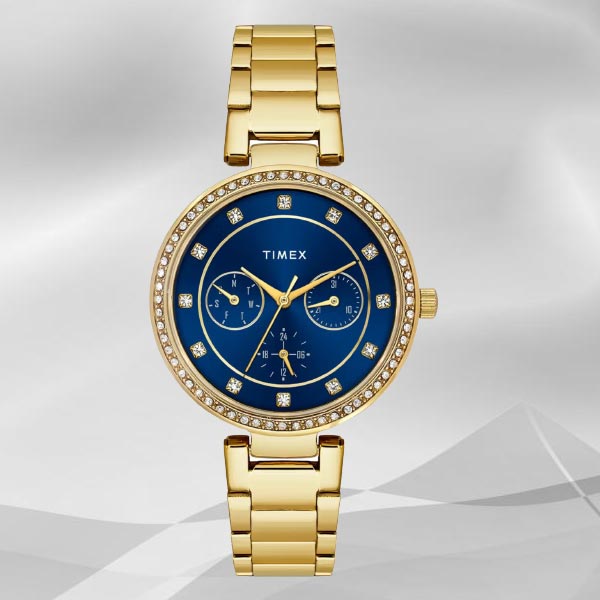 Timex Designer Blue Dial Golden Watch for Her