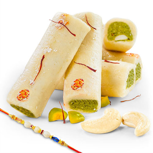 1 Rakhi with Kaju Pista Roll Sweets