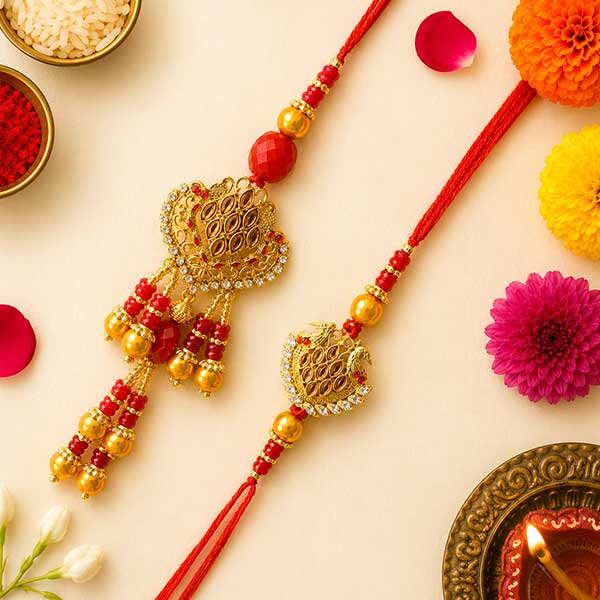 Golden Kundan Jewellery Heart Rakhi Pair