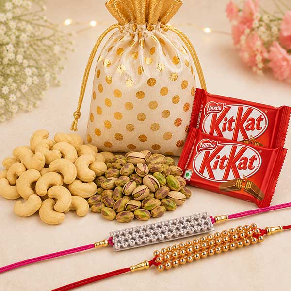 Dry Fruits Kitkat Hamper with 2 Rakhis