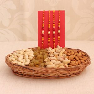 Four Rakhi with Dry Fruits Basket (600gm)