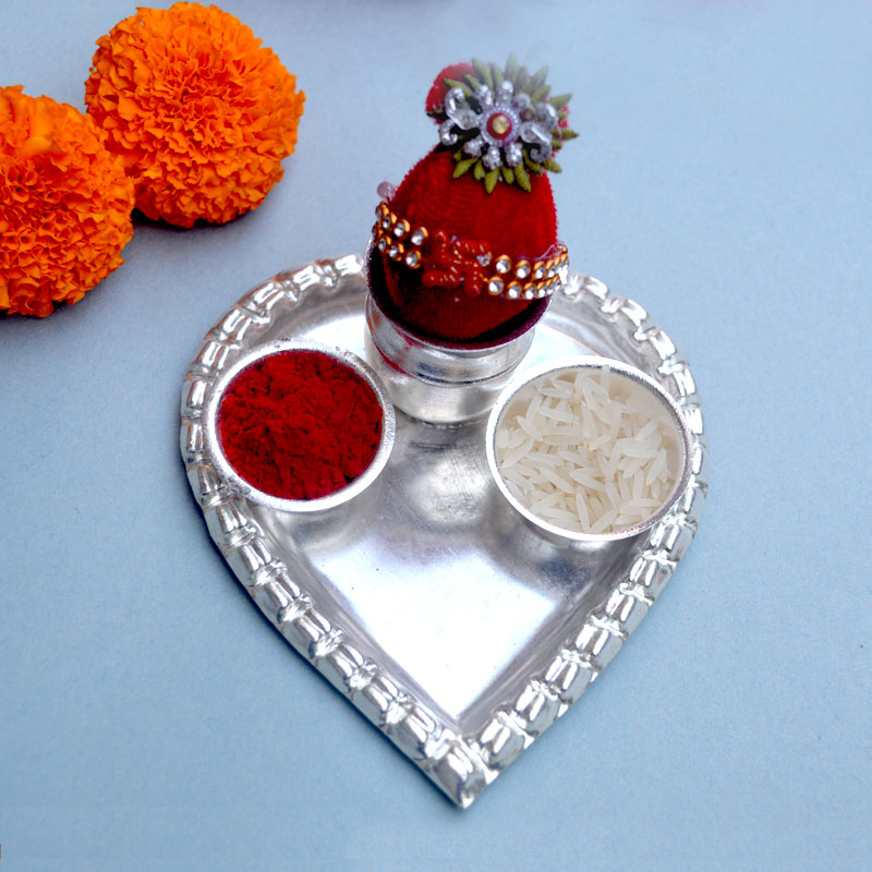 Heart Rakhi Silver Puja Thali with Free Rakhi