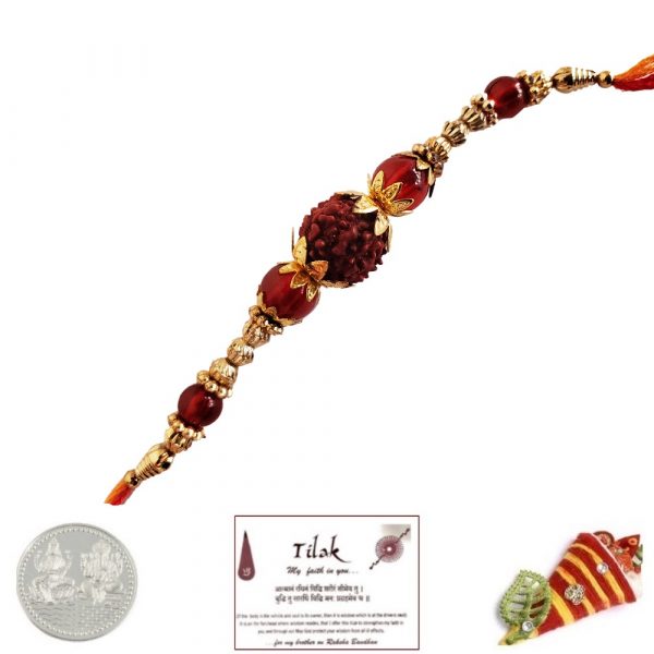 Single Rudraksh Moti Rakhi with Silver Coin