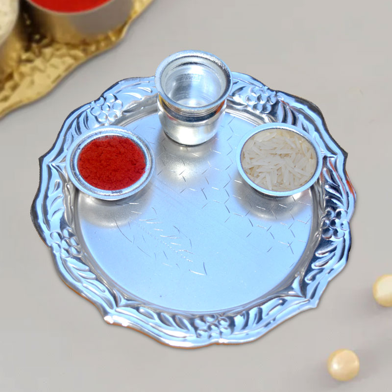 Nakshi Rakhi Silver Pooja Thali with Free Rakhi