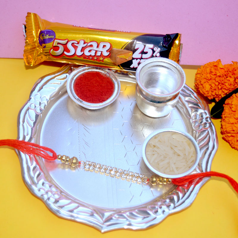 Nakshi Silver Thali with Rakhi and Chocolates