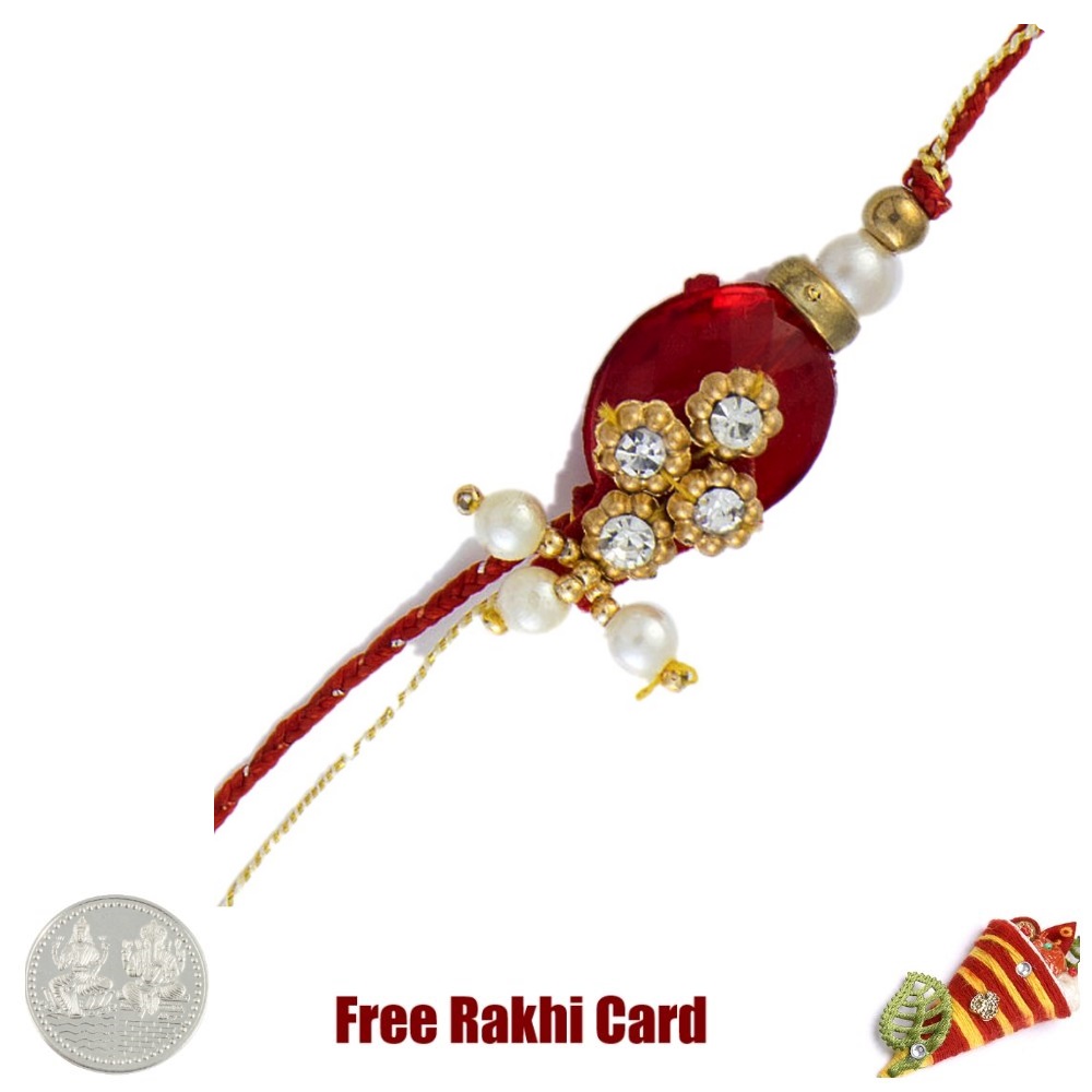 Red Stone Zardosi Rakhi with Silver Coin