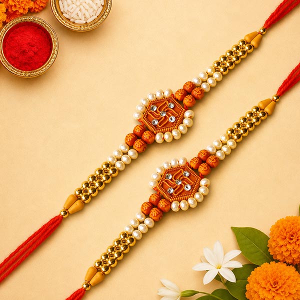 Pearl Beads Designer Swastika Rakhi Set of 2