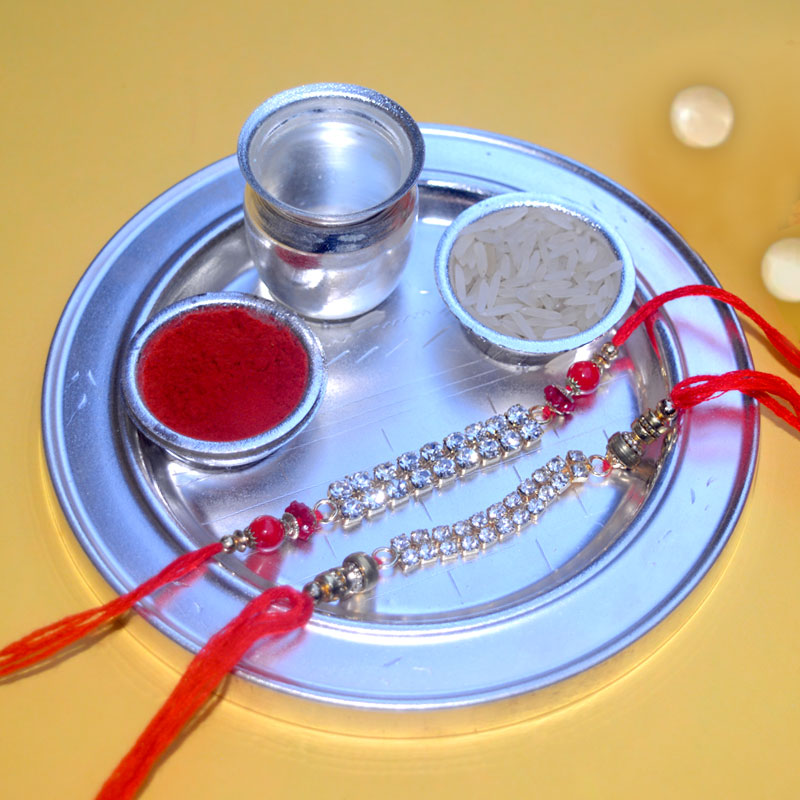 Rakhi Silver Thali with 2 Rakhis for Brother