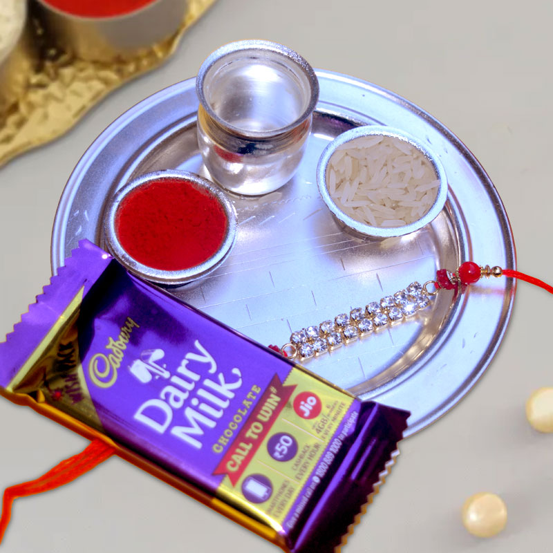 Rakhi Silver Thali with Rakhi and Dairy Milk