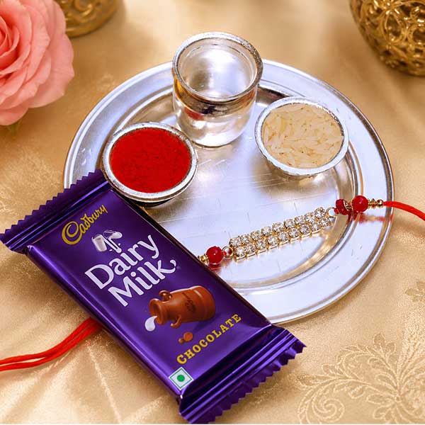Rakhi Silver Thali with Rakhi and Dairy Milk