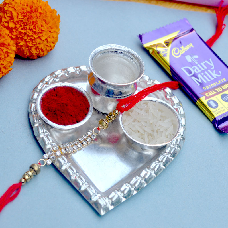 Silver Heart Rakhi Thali with Stone Rakhi and Chocolate