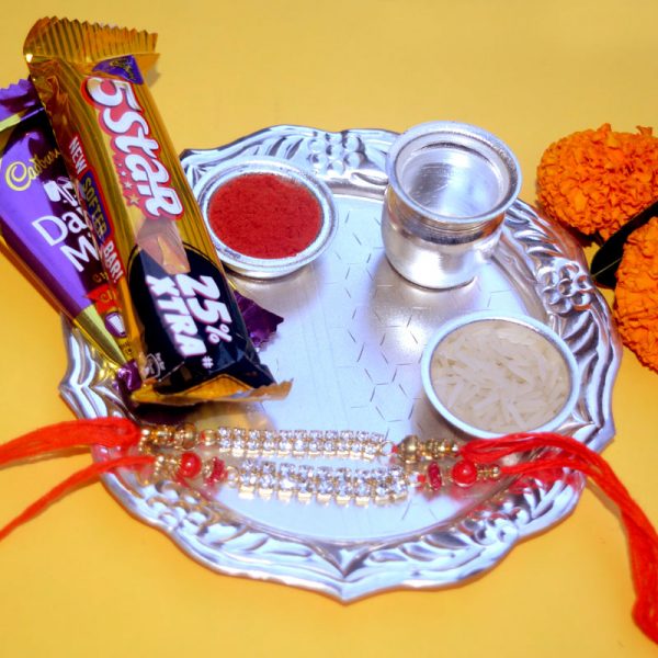 Silver Thali with 2 Rakhi and Chocolates