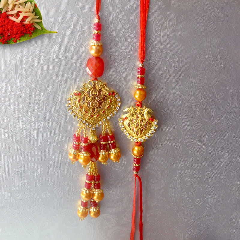 Golden Kundan Jewellery Heart Rakhi Pair