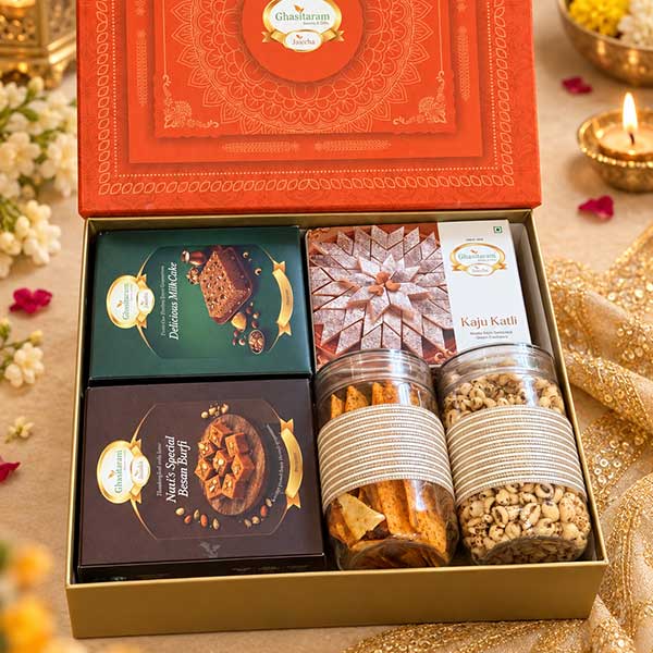 Orange Hamper Box with Sweets and Namkeen