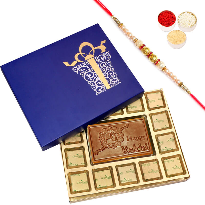 Blue Happy Rakhi Chocolate Box Big with Pearl rakhi