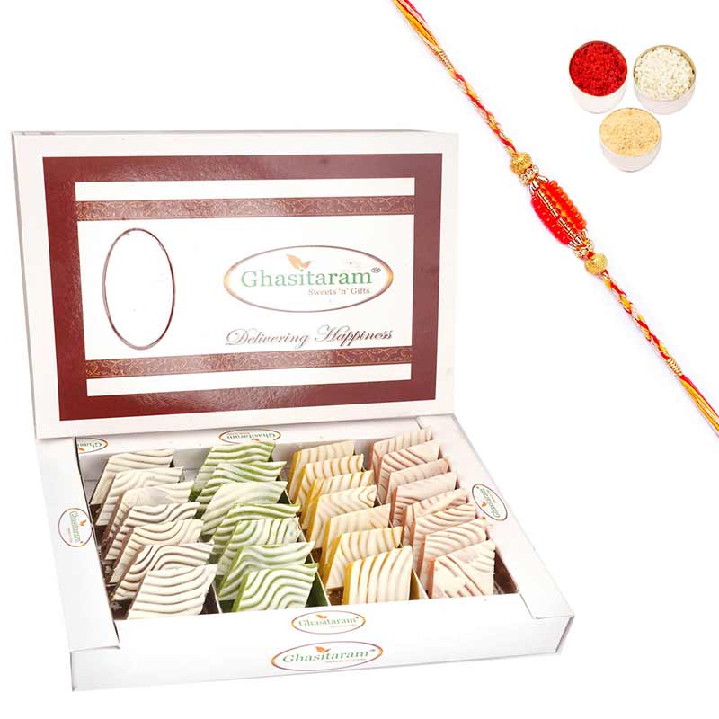 Assorted Irish Kaju Katlis 400 gms with Beads Rakhi