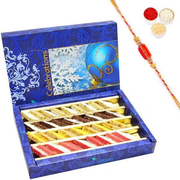 Assorted Irish Kaju Katlis 800 gms with Beads Rakhi