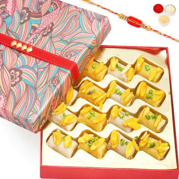 Mini Assorted Kaju Rolls with Beads Rakhi